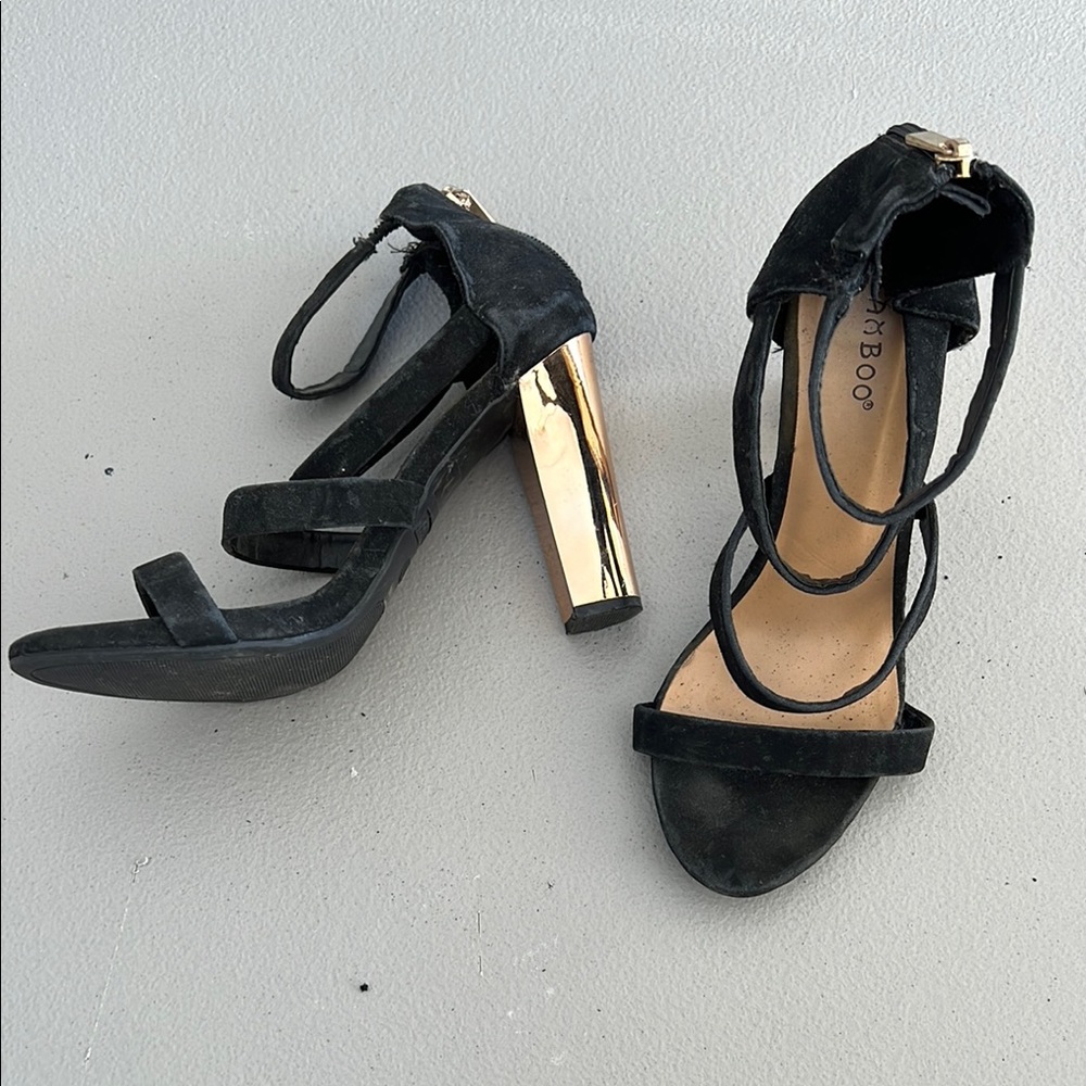 BAMBOO Black and Gold Stiletto Heels with Slingback
